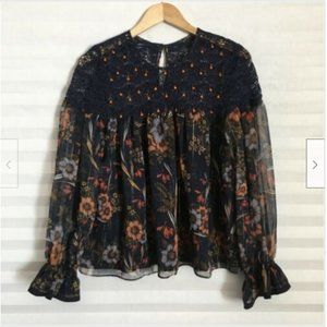 ANTHROPOLOGIE Mynahs Reynu Taandon Cristy Crochet Blouse Top Blue Multicolor